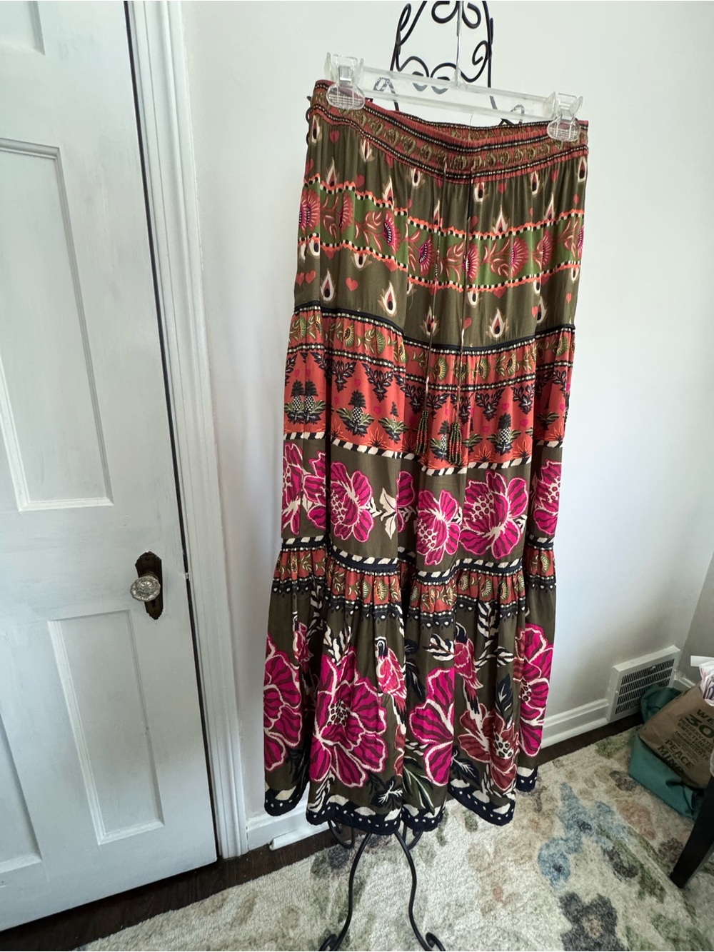 Rachel Zoe Boho Floral Tiered Maxi Skirt in Olive and Pink